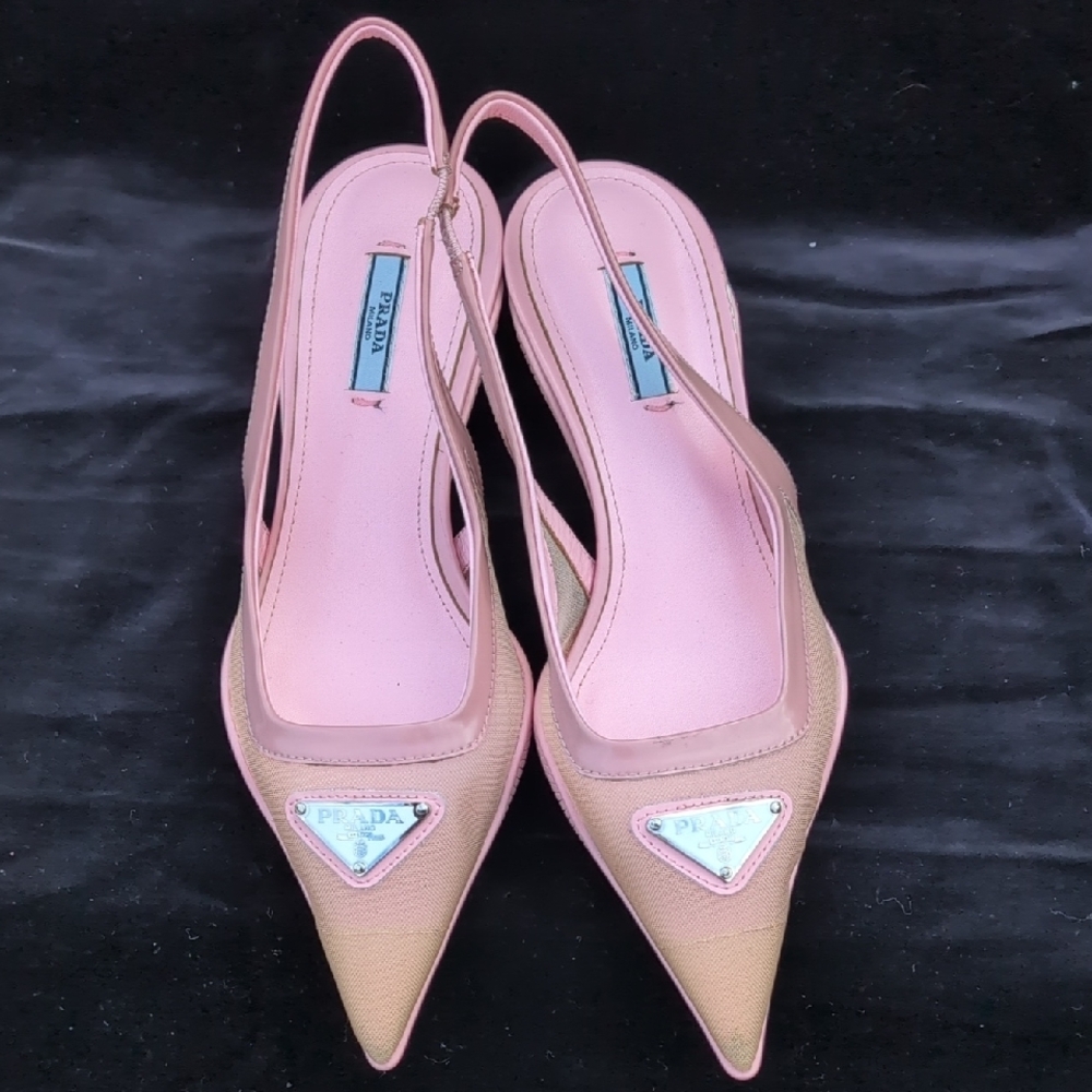 Prada Pink and Tan Slingback Heels - Picture 2 of 8